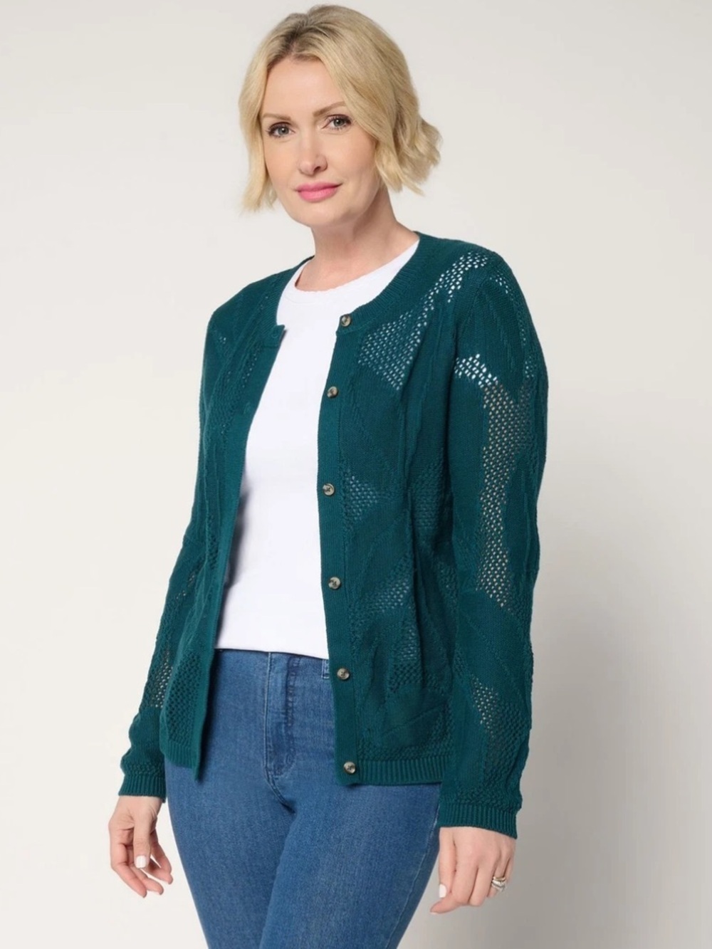 Denim&Co Long Sleeve Leaf Patterned Cardigan Sweater Size Large Fall Teal NWT
